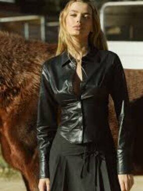 Nia Brielle Faux Leather Shirt in Black